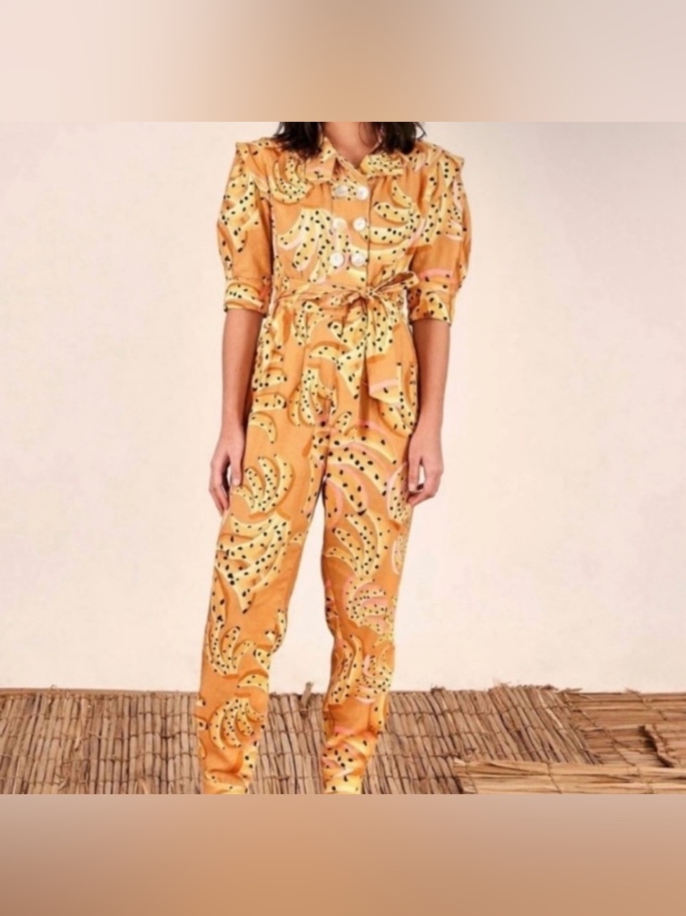 Women's Yellow Printed Jumpsuit with Tie Waist